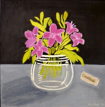 Purple flowers in a glass vase with green leaves on a background of dark paynes grey and light paynes grey. The word Gratitude is collaged onto the right side of the painting