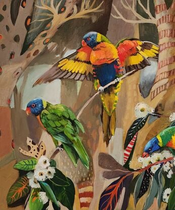 Rainbow Lorikeets on a semi abstract background feeding on Gum blossom.