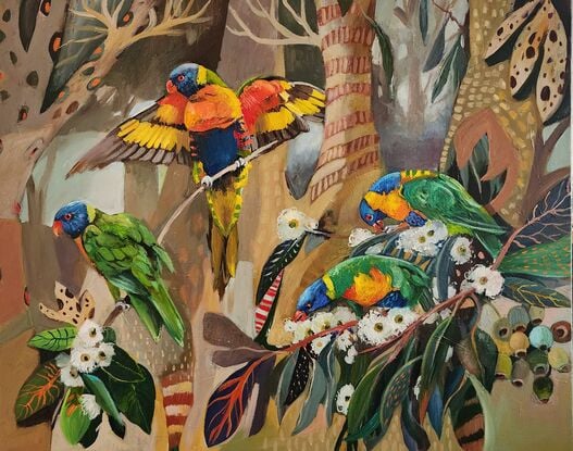 Rainbow Lorikeets on a semi abstract background feeding on Gum blossom.