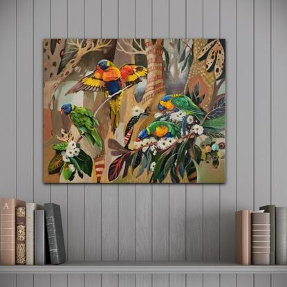 Rainbow Lorikeets on a semi abstract background feeding on Gum blossom.