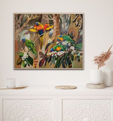 Rainbow Lorikeets on a semi abstract background feeding on Gum blossom.