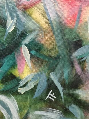 Abstract in green/yellow with a touch of pink. Clean transparent colours on the background with brush strokes in light greys giving an appearance of birds in flight.