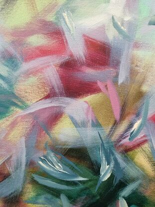 Abstract in green/yellow with a touch of pink. Clean transparent colours on the background with brush strokes in light greys giving an appearance of birds in flight.