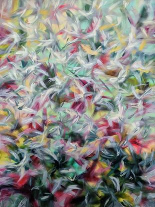 Abstract in green/yellow with a touch of pink. Clean transparent colours on the background with brush strokes in light greys giving an appearance of birds in flight.