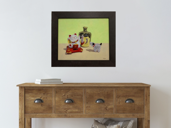 Dog and cat reflected in a brass pot 