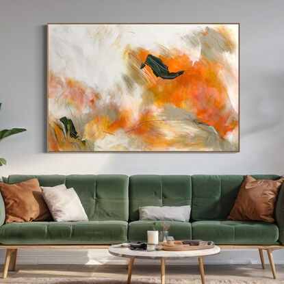 bold marks and colour fields in orange, ochre, peach, apricot, beige, white, green and grey across a large canvas