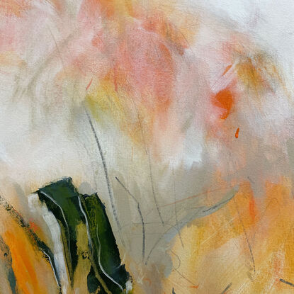 bold marks and colour fields in orange, ochre, peach, apricot, beige, white, green and grey across a large canvas