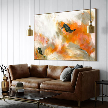 bold marks and colour fields in orange, ochre, peach, apricot, beige, white, green and grey across a large canvas