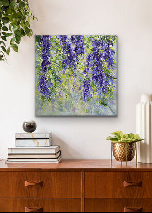 Cascades of soft mauve , lavender and purple flowers glistening with dew and sparkling in the soft morning light. Delicate green fronds and soft pockets of light enhance the beauty of the hanging flowers. A romantic, dreamy piece with the influence of Monet and the Impressionists. 