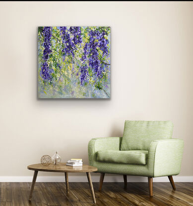 Cascades of soft mauve , lavender and purple flowers glistening with dew and sparkling in the soft morning light. Delicate green fronds and soft pockets of light enhance the beauty of the hanging flowers. A romantic, dreamy piece with the influence of Monet and the Impressionists. 