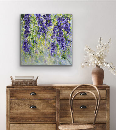 Cascades of soft mauve , lavender and purple flowers glistening with dew and sparkling in the soft morning light. Delicate green fronds and soft pockets of light enhance the beauty of the hanging flowers. A romantic, dreamy piece with the influence of Monet and the Impressionists. 