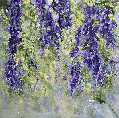 Cascades of soft mauve , lavender and purple flowers glistening with dew and sparkling in the soft morning light. Delicate green fronds and soft pockets of light enhance the beauty of the hanging flowers. A romantic, dreamy piece with the influence of Monet and the Impressionists. 