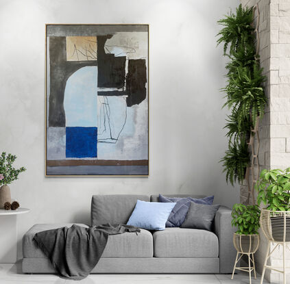 This medium-to-large-scale abstract painting, created with acrylic on canvas, employs a textured, layered technique. The style merges abstract expressionism with modernism, featuring a color palette of deep blues, earthy browns, and soft grays. Its balanced composition and contemplative tone make it a striking piece within the contemporary art genre.