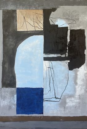 This medium-to-large-scale abstract painting, created with acrylic on canvas, employs a textured, layered technique. The style merges abstract expressionism with modernism, featuring a color palette of deep blues, earthy browns, and soft grays. Its balanced composition and contemplative tone make it a striking piece within the contemporary art genre.