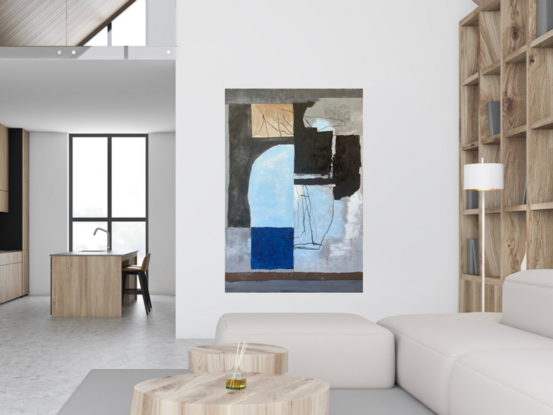 This medium-to-large-scale abstract painting, created with acrylic on canvas, employs a textured, layered technique. The style merges abstract expressionism with modernism, featuring a color palette of deep blues, earthy browns, and soft grays. Its balanced composition and contemplative tone make it a striking piece within the contemporary art genre.