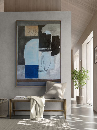 This medium-to-large-scale abstract painting, created with acrylic on canvas, employs a textured, layered technique. The style merges abstract expressionism with modernism, featuring a color palette of deep blues, earthy browns, and soft grays. Its balanced composition and contemplative tone make it a striking piece within the contemporary art genre.