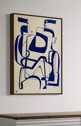 Abstract figures entwined in blue line drawing style on beige background