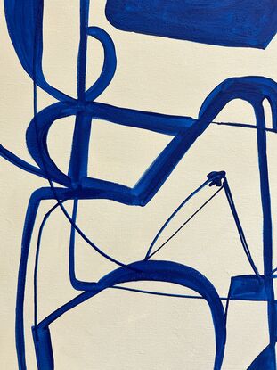 Abstract figures entwined in blue line drawing style on beige background