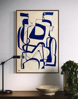 Abstract figures entwined in blue line drawing style on beige background