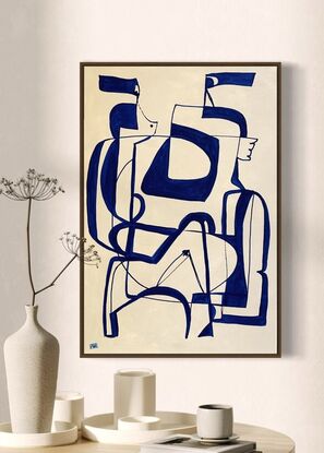 Abstract figures entwined in blue line drawing style on beige background