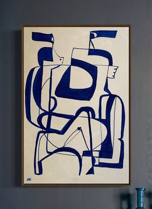 Abstract figures entwined in blue line drawing style on beige background