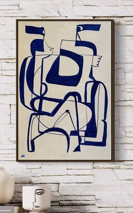 Abstract figures entwined in blue line drawing style on beige background