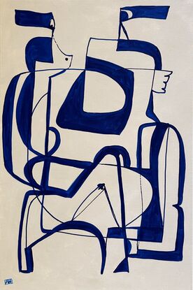 Abstract figures entwined in blue line drawing style on beige background