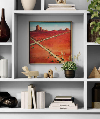 Framed Dramatic and vibrant abstract landscape painting with distinctive crossroads over the canvas, with mountain range and blue sky.
