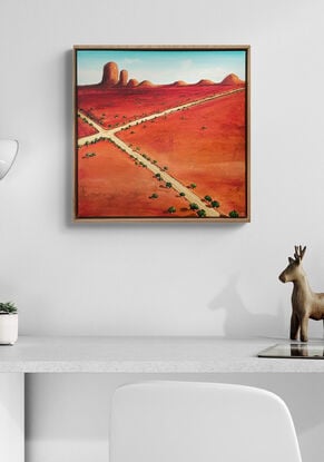 Framed Dramatic and vibrant abstract landscape painting with distinctive crossroads over the canvas, with mountain range and blue sky.
