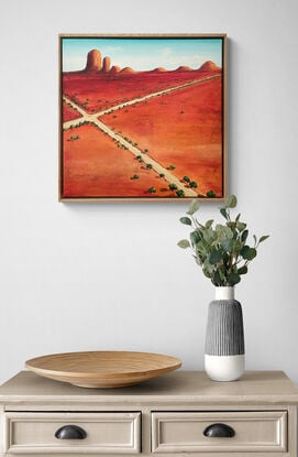 Framed Dramatic and vibrant abstract landscape painting with distinctive crossroads over the canvas, with mountain range and blue sky.
