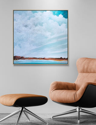 Fresh Textured cloudscape with crisp white clouds over teal blue sky overlooking rugged terrain in tan and burnt orange tones with fresh blue water inlet flowing across the canvas.
