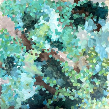 An impressionist landscape of colour, inspired by a tropical rainforest.  Mark making, in every shades of  green. 