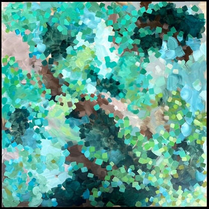 An impressionist landscape of colour, inspired by a tropical rainforest.  Mark making, in every shades of  green. 