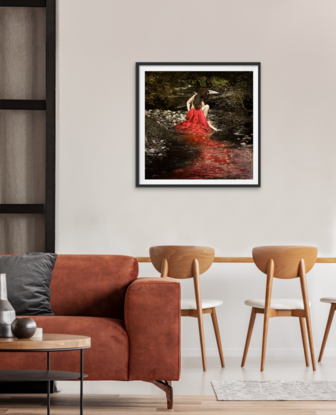 girl in red dress in the water australian landscape photography creek bed 