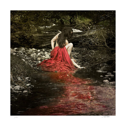 girl in red dress in the water australian landscape photography creek bed 