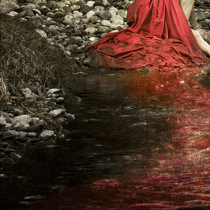 girl in red dress in the water australian landscape photography creek bed 