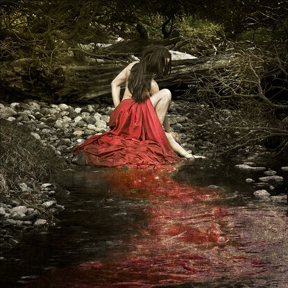 girl in red dress in the water australian landscape photography creek bed 