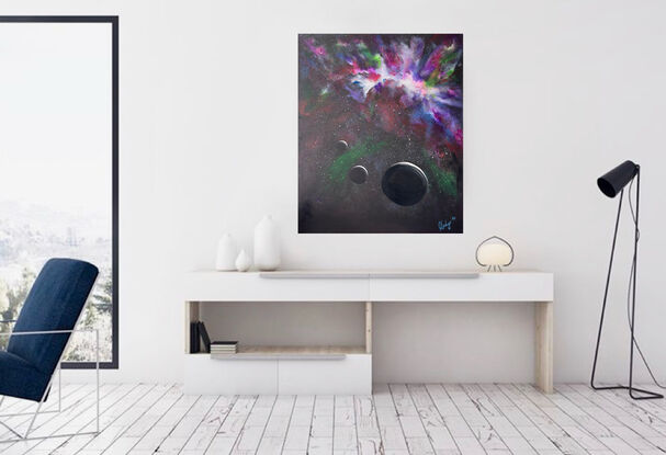 The painting "Celestial Symphony" captures the ethereal beauty of a cosmic aurora, set against a backdrop of swirling black and purple hues. The radiant stars twinkle like diamonds in the night sky, casting a mesmerizing glow that twinkles with liquid flow acrylic highlights. The clustered stars seem to dance in harmony, creating a sense of movement and energy within the celestial scene. This painting invites the viewer to gaze upon the vast expanse of the universe, feeling a deep connection to the mysterious wonders of the cosmos.
Colours used are fluorescent pink and green blue violet purple , clustered white, black and purple blue back ground all edges painted black .
Comes with a certificate of Authenticity 
