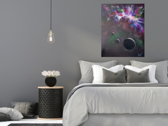 The painting "Celestial Symphony" captures the ethereal beauty of a cosmic aurora, set against a backdrop of swirling black and purple hues. The radiant stars twinkle like diamonds in the night sky, casting a mesmerizing glow that twinkles with liquid flow acrylic highlights. The clustered stars seem to dance in harmony, creating a sense of movement and energy within the celestial scene. This painting invites the viewer to gaze upon the vast expanse of the universe, feeling a deep connection to the mysterious wonders of the cosmos.
Colours used are fluorescent pink and green blue violet purple , clustered white, black and purple blue back ground all edges painted black .
Comes with a certificate of Authenticity 
