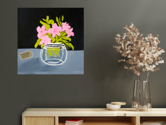 Pink flowers with green leaves in a glass vase against a dark paynes grey and light paynes grey background sides are painted to match