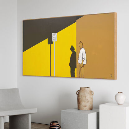 Extra Large black line art image with vibrant splashes of mustard & burnt sienna colour and figurative imagery.