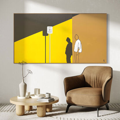 Extra Large black line art image with vibrant splashes of mustard & burnt sienna colour and figurative imagery.