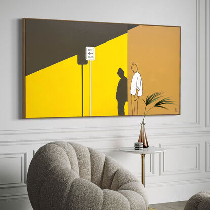 Extra Large black line art image with vibrant splashes of mustard & burnt sienna colour and figurative imagery.