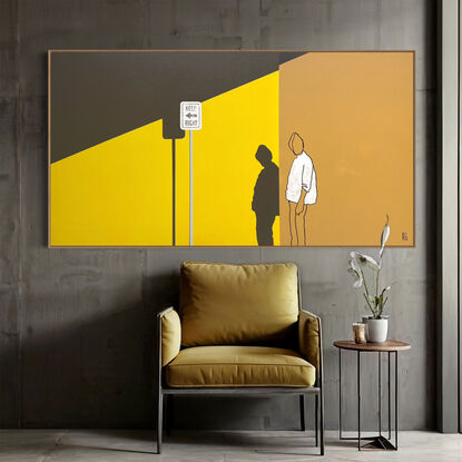 Extra Large black line art image with vibrant splashes of mustard & burnt sienna colour and figurative imagery.