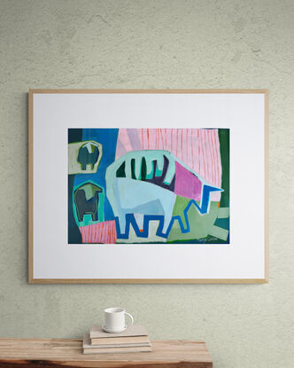 Another cheerful, vibrant piece on paper sitting beautifully beside Sheep in Pasture with Blue…….fabulous for a children’s room, country style decor, a painting to bring joy and a smile to  its new collector.