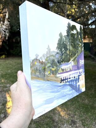 On a square format, a local landmark, Woy Woy's Fishermans wharf, perched on the water's edge, is depicted using gestural marks of ink, watercolour and pencils.