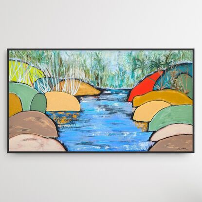 Abstract colourful artwork of a creek running between boulders with trees in the background illustrating Currumbin Creek Queensland