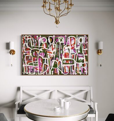 Abstract expressionist style painting in white, green, pink and black line drawings of figures and abstract shapes representing and paper dress patterns.