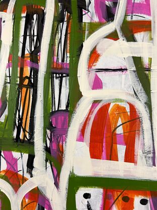 Abstract expressionist style painting in white, green, pink and black line drawings of figures and abstract shapes representing and paper dress patterns.