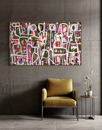 Abstract expressionist style painting in white, green, pink and black line drawings of figures and abstract shapes representing and paper dress patterns.